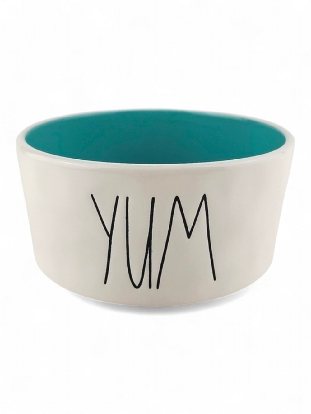 Rae Dunn Ceramic Dog Cat White Food Bowl Blue Interior Black Large Letters YUM